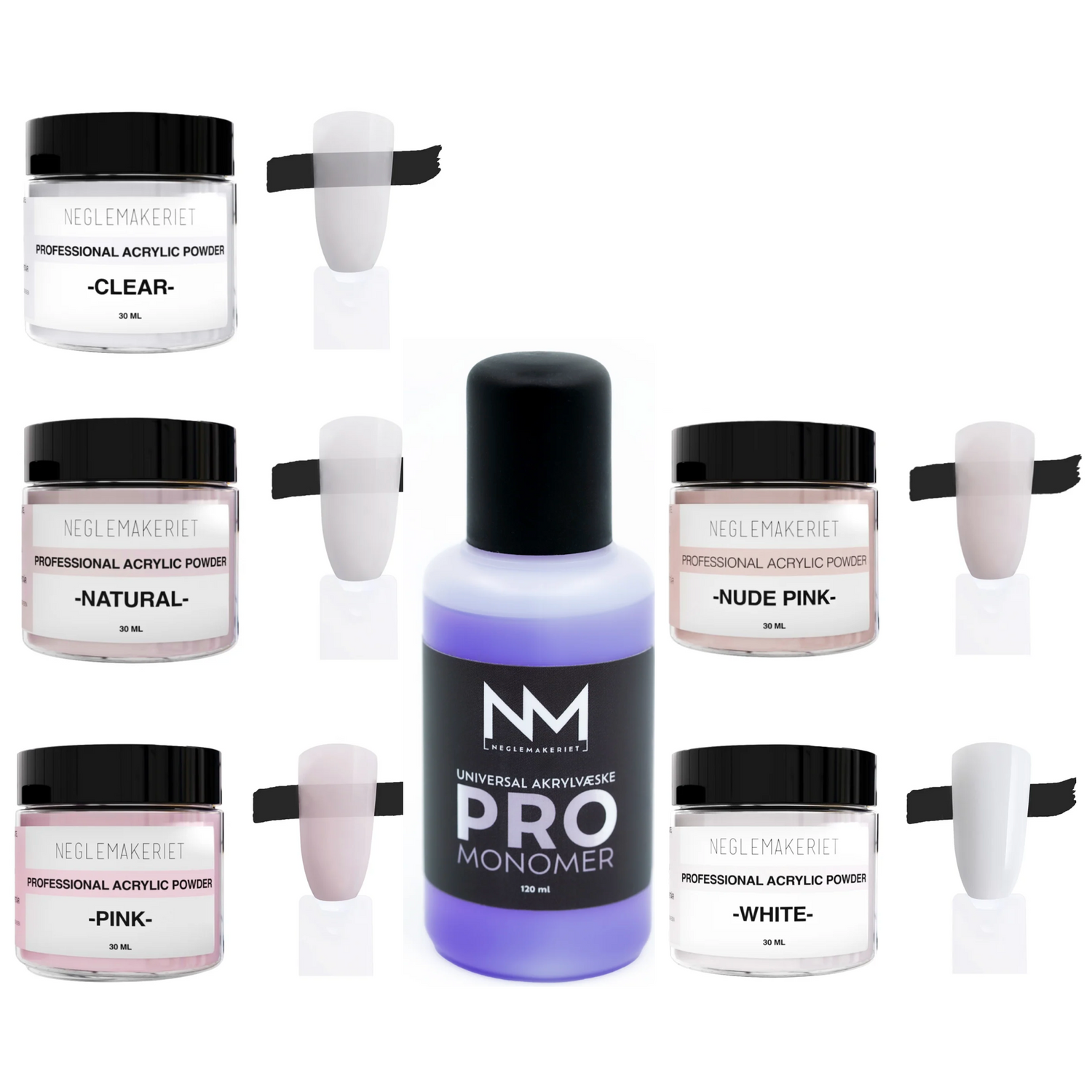 Neglemakeriet PRO Acrylic Powder - 30 ml - Pakke med 5 - White, Clear, Pink, Nude Pink og Natural & Monomer