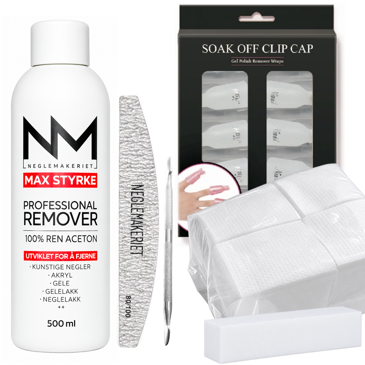 Utstyrspakken i for å fjerne acetonoppløselige negleprodukter inneholder:

Neglemakeriet PRO Boat Nail File 80/100
Soak Off Clip Cap - Pakke med 10
Buffer - Hvit - 240 grit
Neglebåndsskyver
Neglemakeriet Artificial Nail Remover
Soak Off Pads - Pakke med 500