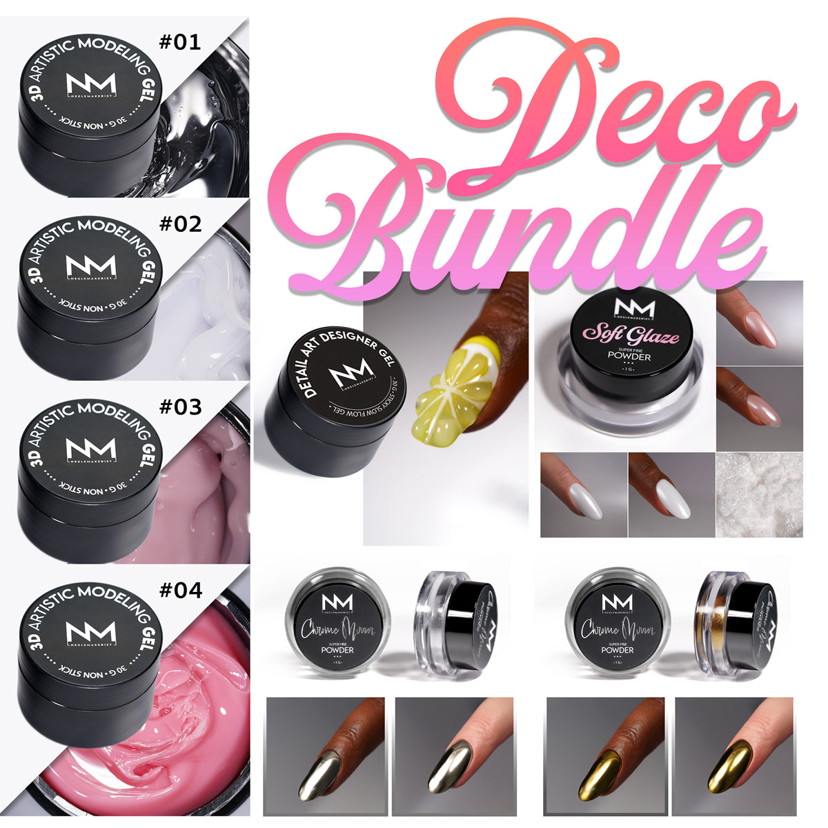 DECO BUNDLE - 3D Gel, Designer Gel, Chrome & Glaze (8 PRODUKTER)