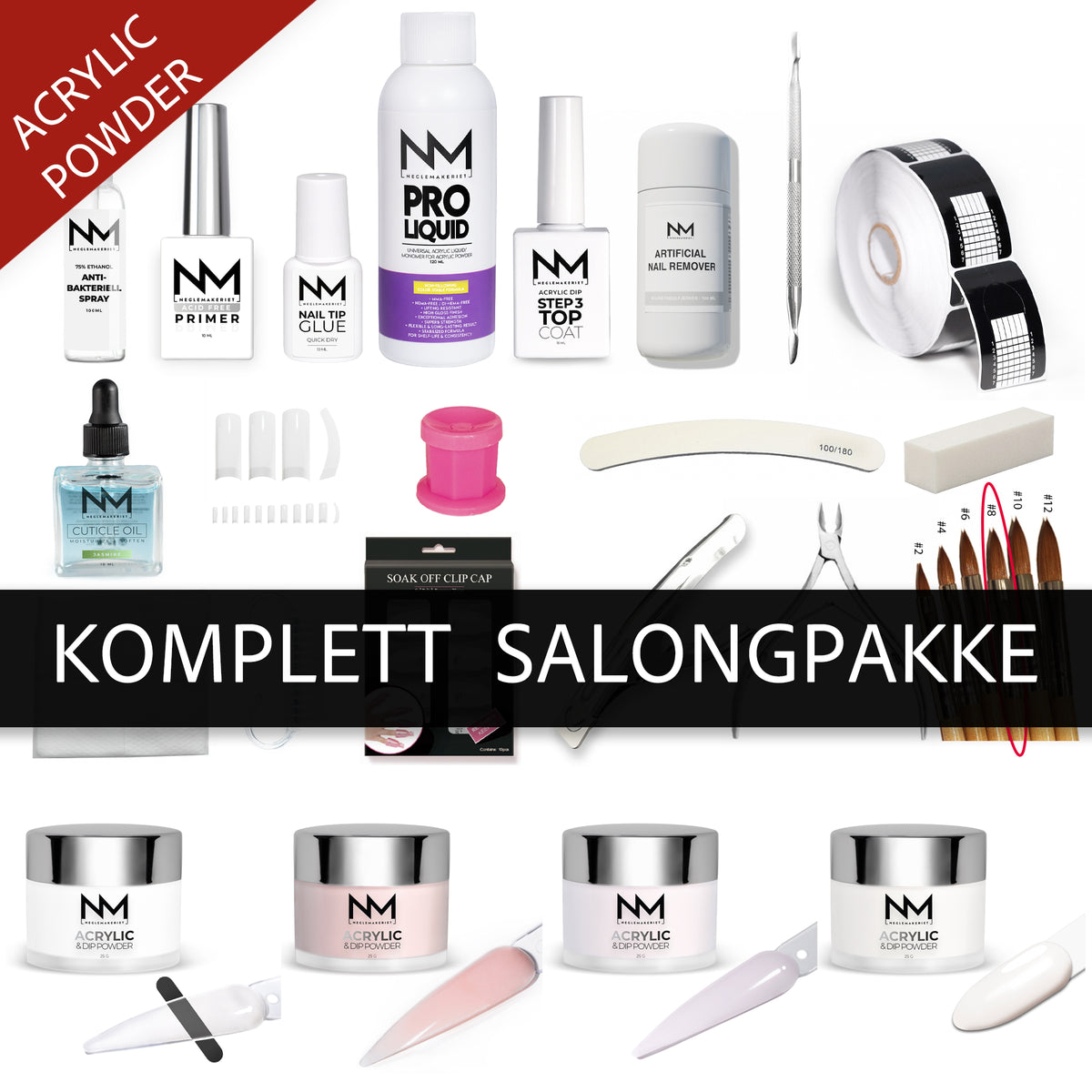 Er akrylnegler favoritten? Her får du et komplett kit, satt sammen for deg som ikke har noe utstyr fra før, 23 produkter. Alt du trenger for å legge og for å fjerne akrylneglene på en skånsom måte når de har vokst ut.