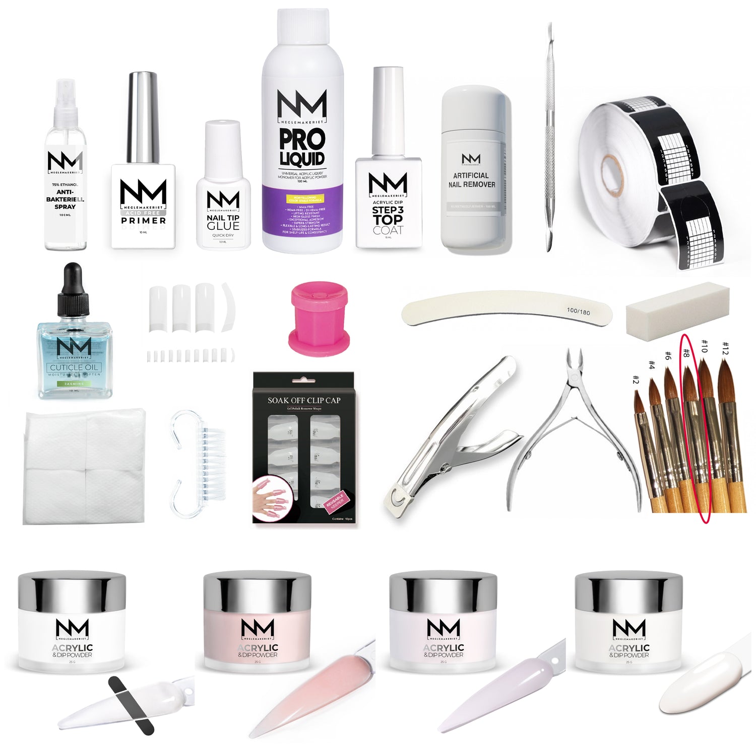 Er akrylnegler favoritten? Her får du et komplett kit, satt sammen for deg som ikke har noe utstyr fra før, 23 produkter. Alt du trenger for å legge og for å fjerne akrylneglene på en skånsom måte når de har vokst ut.