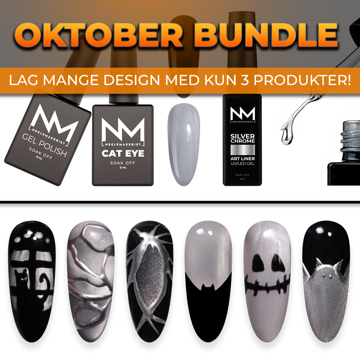 Oktober Bundle - All That Glows - oktoberpakke for negl, lag kreative design med cat eye og chrome liner