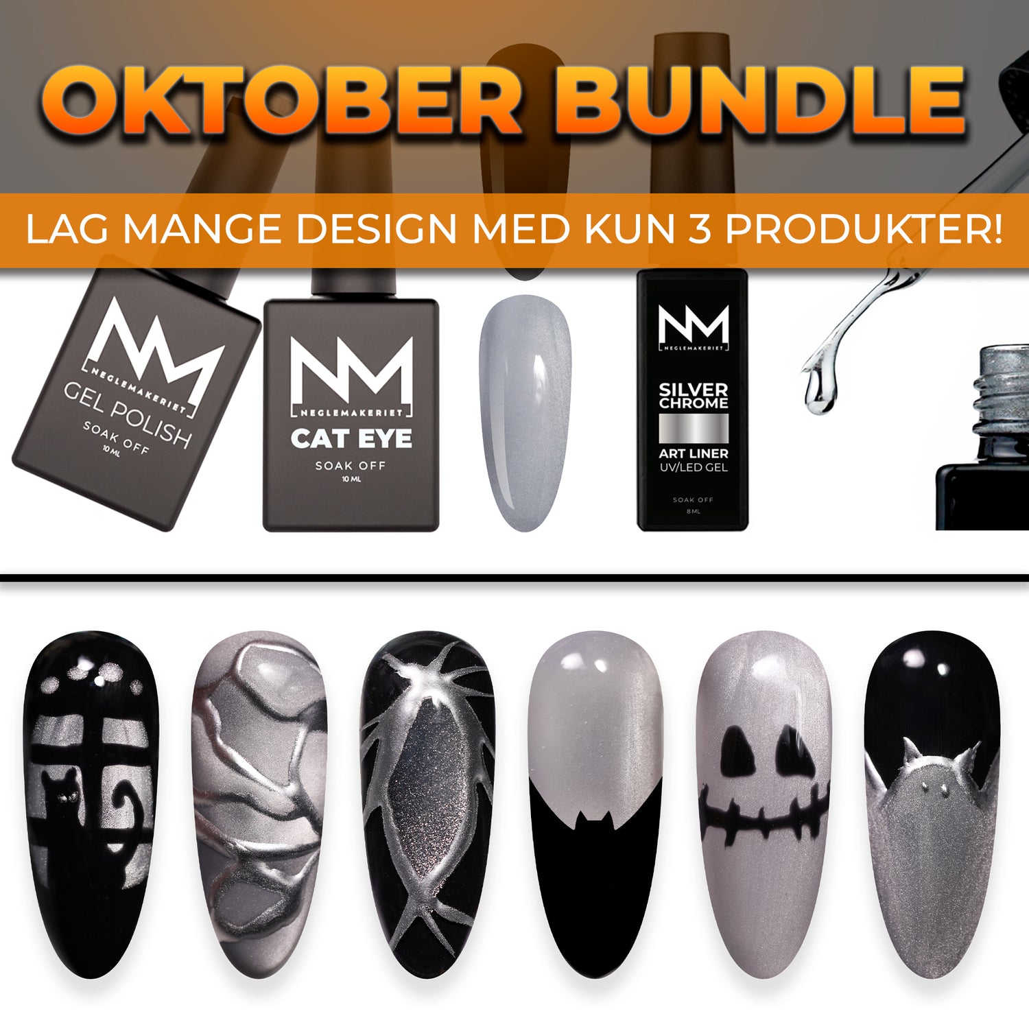 Oktober Bundle - All That Glows - oktoberpakke for negl, lag kreative design med cat eye og chrome liner