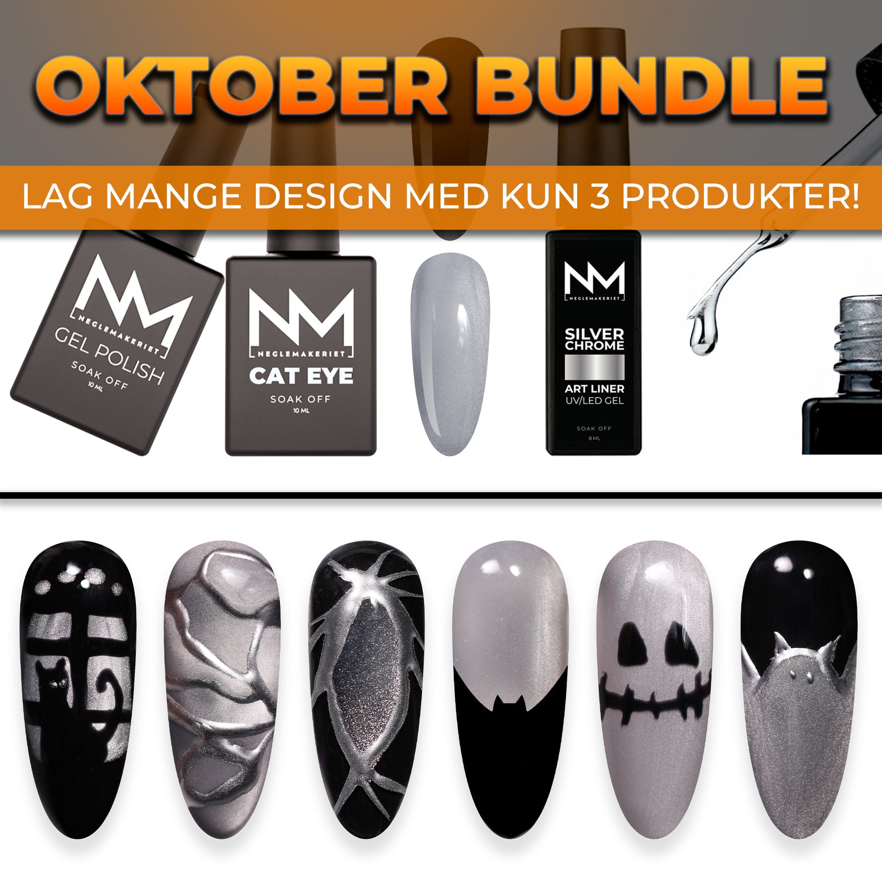 Oktober Bundle - All That Glows - oktoberpakke for negl, lag kreative design med cat eye og chrome liner