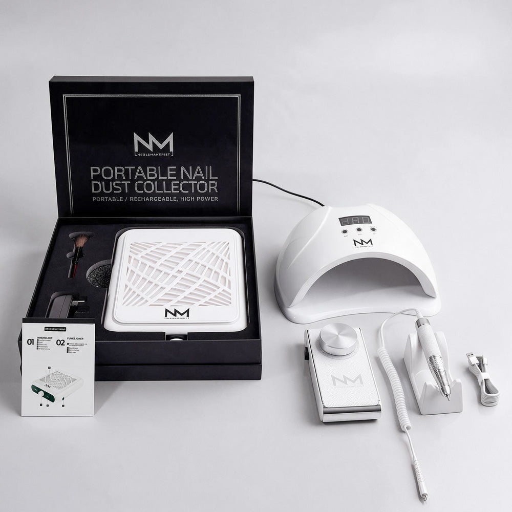 Produktpakke med Nail Dust Collector, UV LED lampe og elektrisk oppladbar fil.